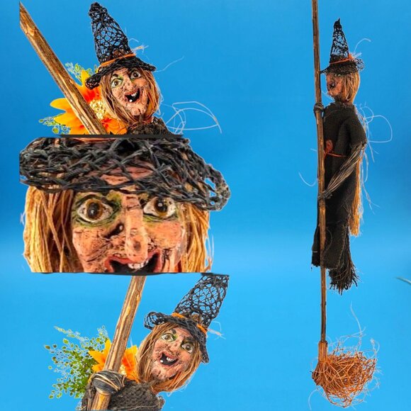 Wicked Witch Broom Stick Paper Mache Style Decor Raffia Primitive Halloween 34" - Picture 12 of 14